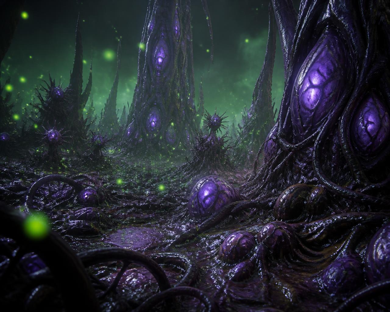 Glistening purple creep colony with glowing green spores